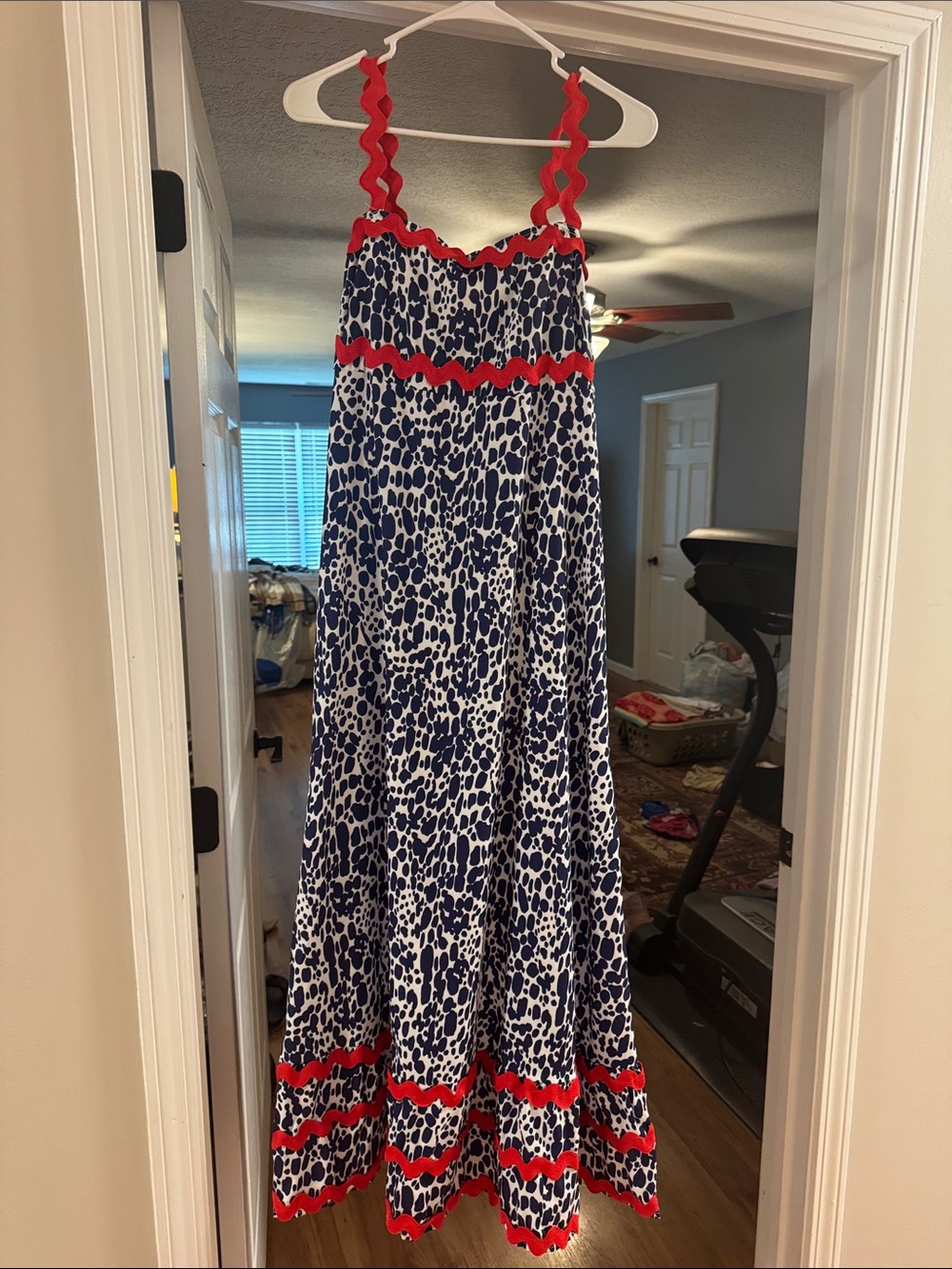 Navy and White Animal-Print Maxi Dress with Red Trim